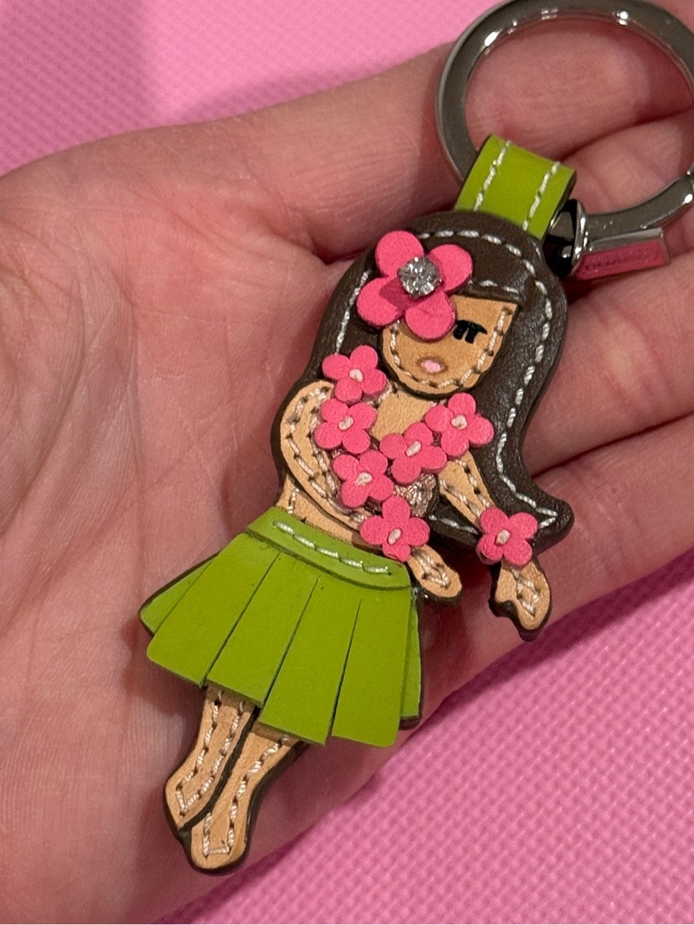 Vintage Coach Leather Hula Girl Keychain - Pink & Lime Green NWOT HTF